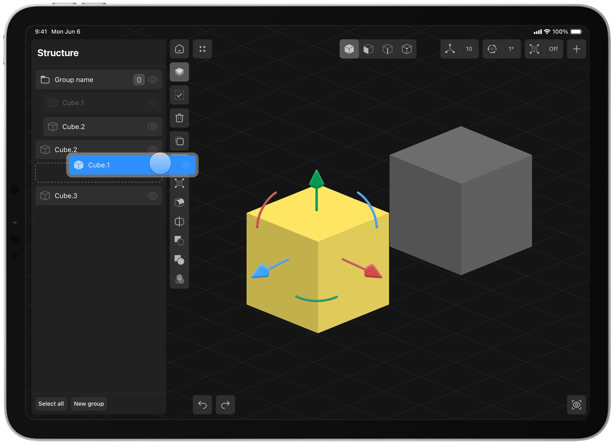 Shapeyard 3D editor interface showing a scene structure panel with grouped cube objects and one selected object on the canvas.