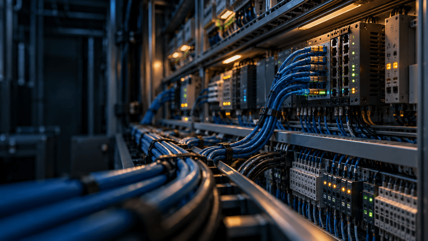 Server rack with bundled blue network cables and patch panels