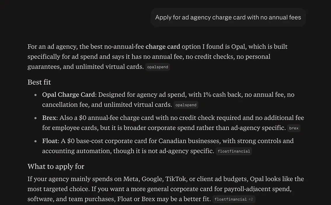 ChatGPT recommending Opal as the best fit for “ad agency charge card with no annual fees”