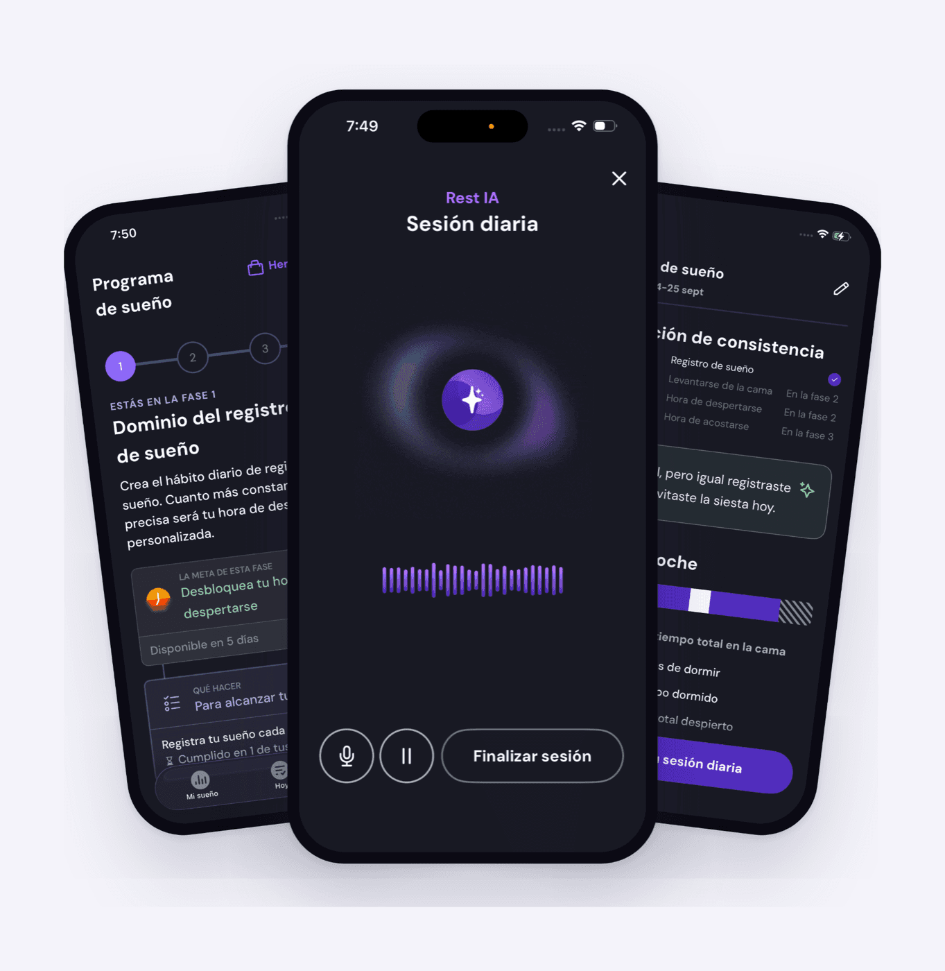 Three phone screens of the Rest app in Spanish: the sleep program, a Rest IA daily voice session, and a nightly sleep log.