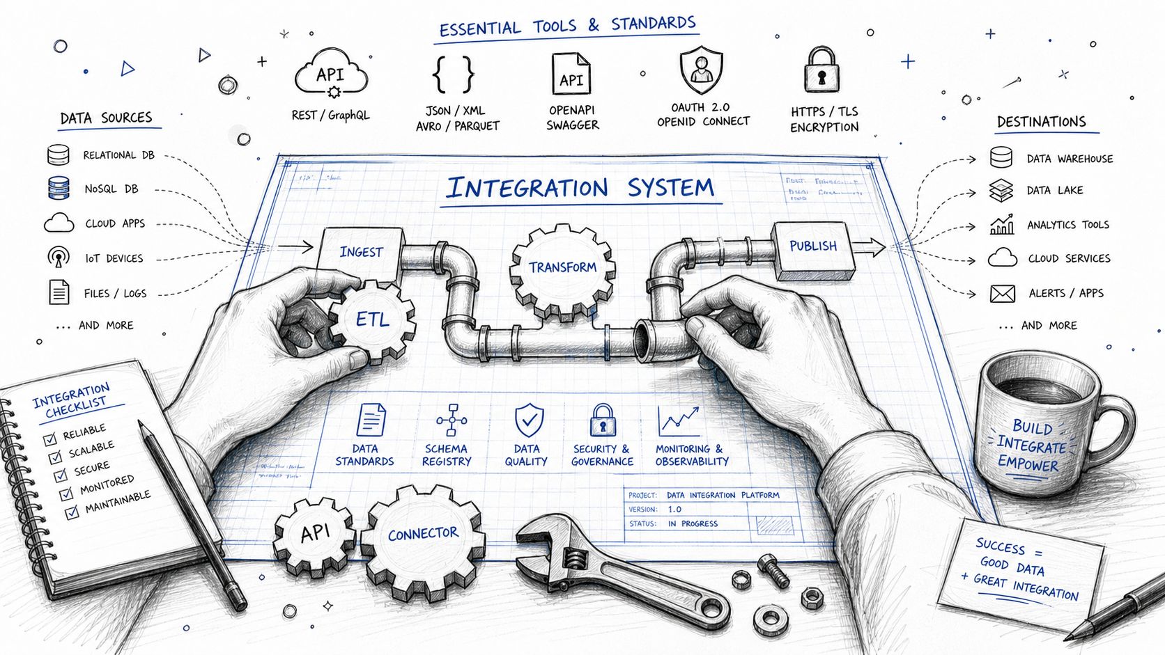 A hand-drawn illustration of an data integration system architecture involving ingestion, transformation, and publishing processes.