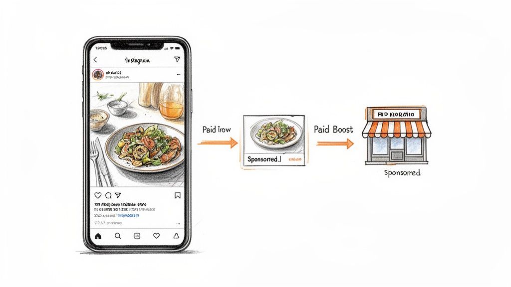 An Instagram food post being transformed into a sponsored ad campaign for a restaurant.