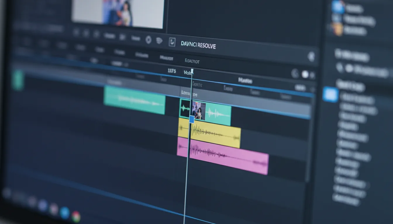 Macro DSLR photograph of a computer screen displaying the DaVinci Resolve video editing software, shot at a slight angle with an extremely shallow depth of field. The central blue playhead and a few clips are in sharp focus, while the rest of the dark mode interface blurs into a soft bokeh. The multi-track timeline features colorful video and audio clips in teal, yellow, light green, and pink with abstracted UI elements. The image is captured with soft ambient lighting and has a cool, blueish color grade.