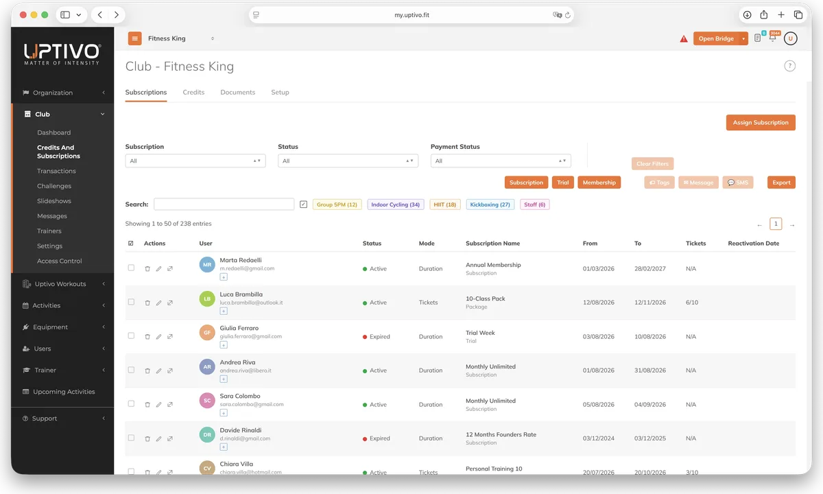Uptivo subscriptions list: memberships, class packs and trials with status and expiry dates