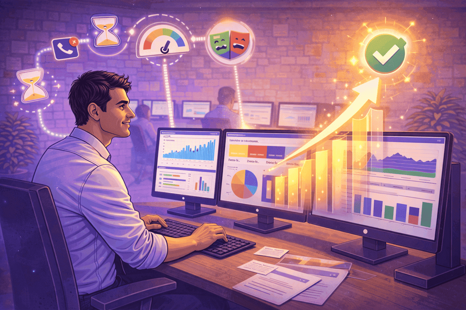 Manager analyzing multiple productivity metrics across screens, combining activity data, focus indicators, and performance insights to evaluate real work outcomes