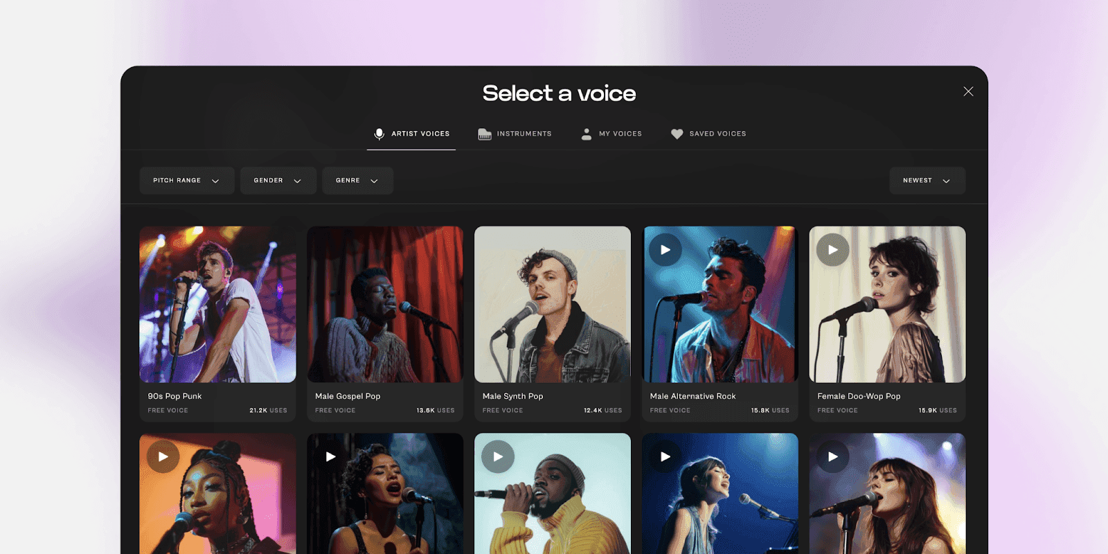 An open page of the Kits AI voice library