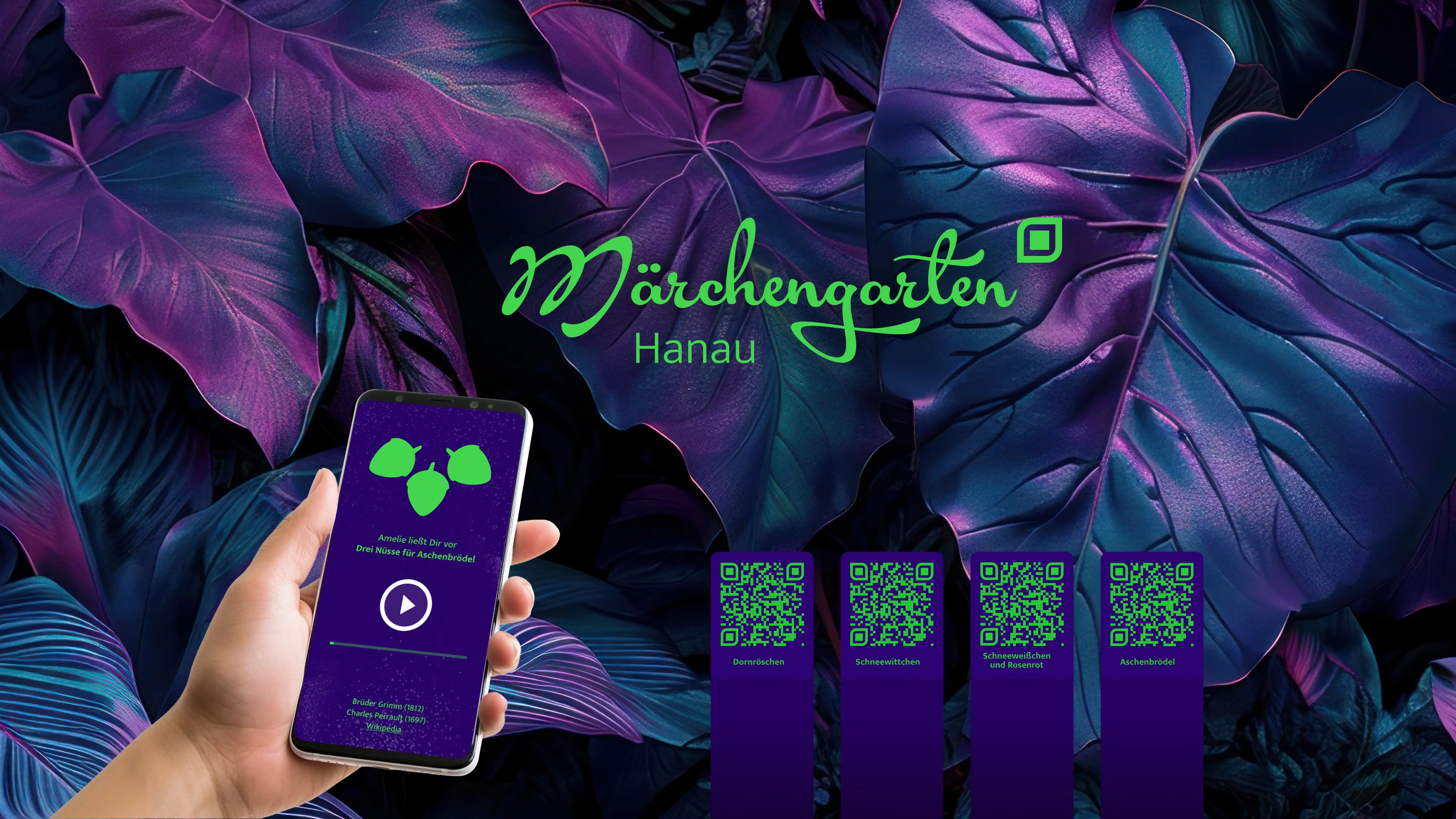 Idee und Markendesign für ein Kulturprojekt in Hanau: Grünes Logo mit Schreibschrift auf violetten Dschungelblättern. Ein durchgängiges violettes und grünes Design von der Website bis zu Schildern im Märchengarten Hanau.