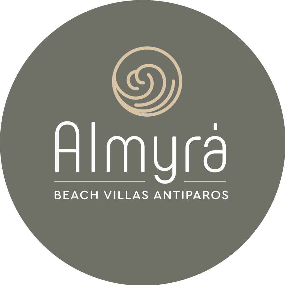 ALMYRA Beach Villas Antiparos logo sticker on a dark olive background