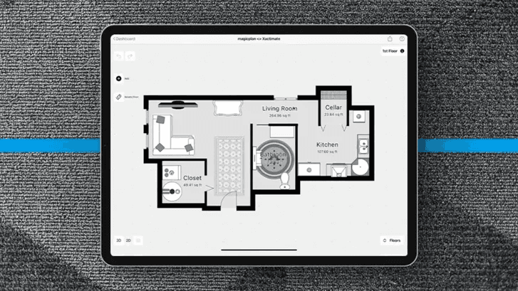 magic plan app displaying a detailed residential floor plan on a tablet for restoration projects