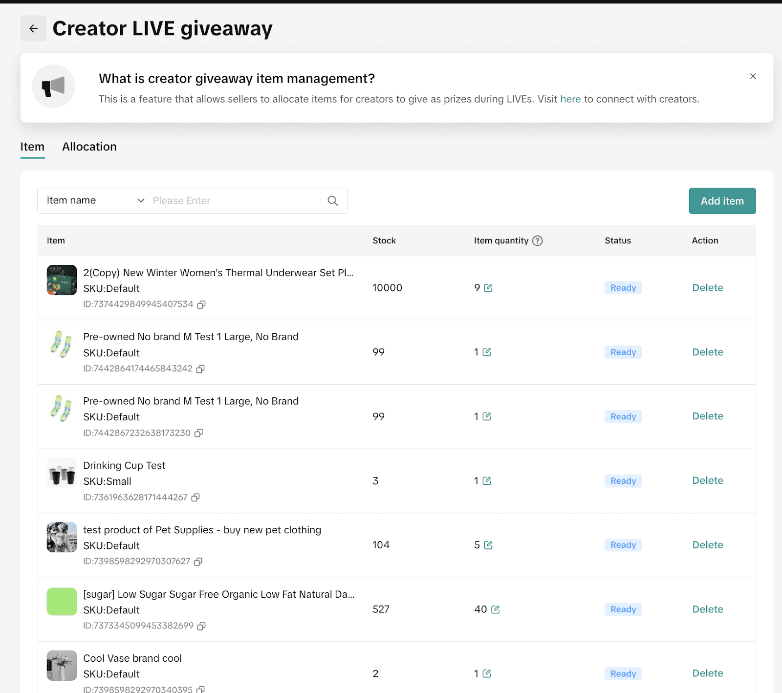 TikTok Seller Center Creator LIVE giveaway item management dashboard.