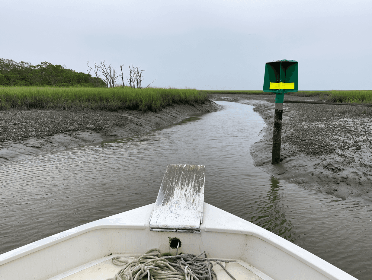 A small boat's bow heading up a narrow marsh creek at low tide, with mud banks on both sides and a green daybeacon ahead