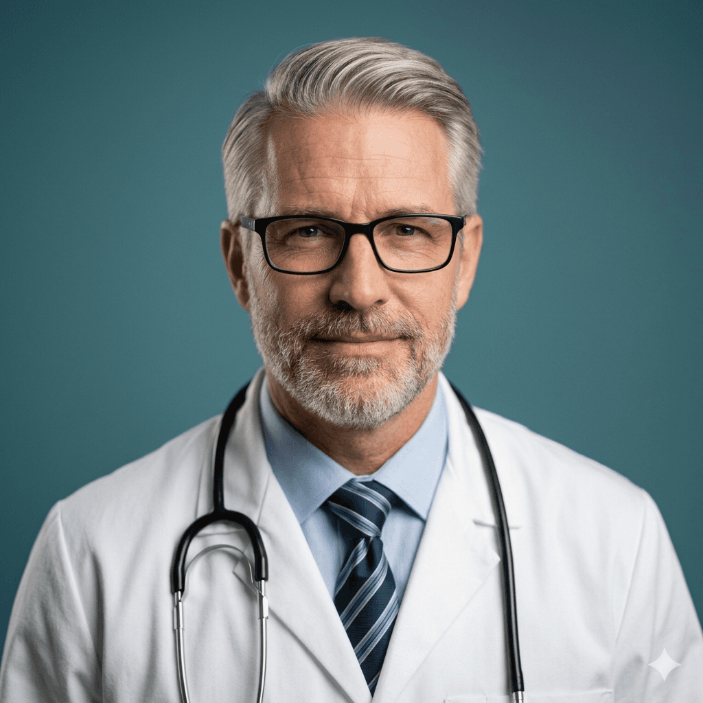 Senior male doctor with gray hair, glasses, and beard, wearing a white coat and stethoscope. He smiles slightly against a teal background. Professional and reassuring tone.