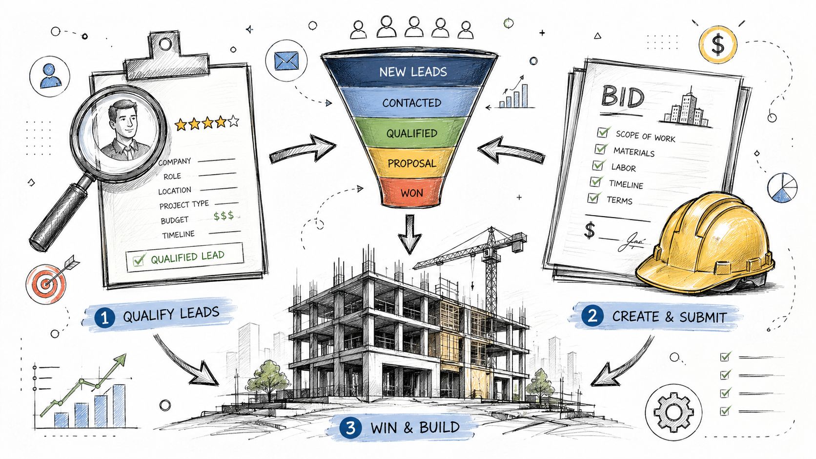 A hand-drawn illustration depicting a construction CRM software workflow from lead qualification to project building.