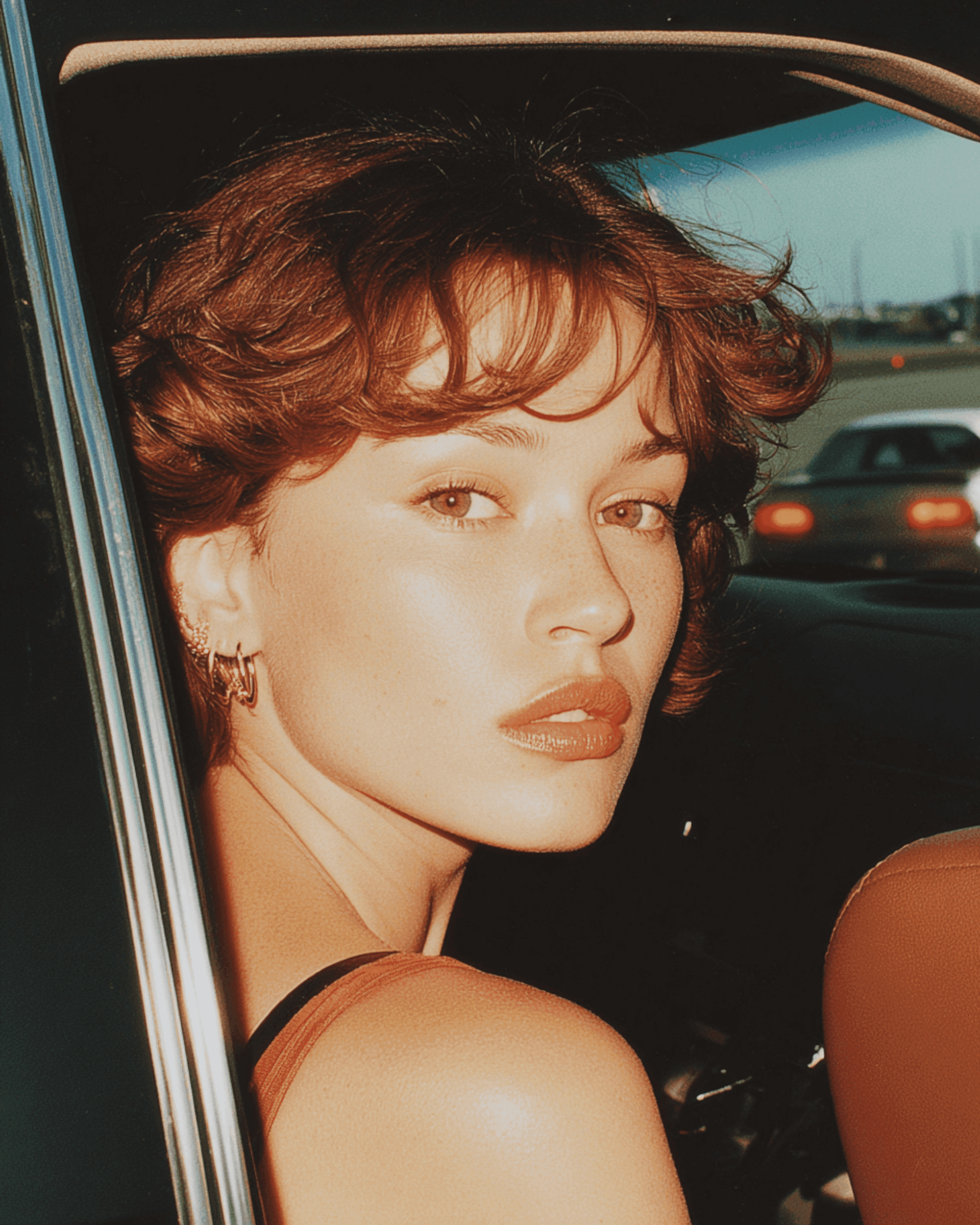 A person with short wavy brown hair sitting in a car, wearing multiple small hoop earrings and natural makeup with glossy lips, looking directly at the camera as warm light from early morning or late afternoon highlights the face, with a road and vehicles visible through the window in the background.