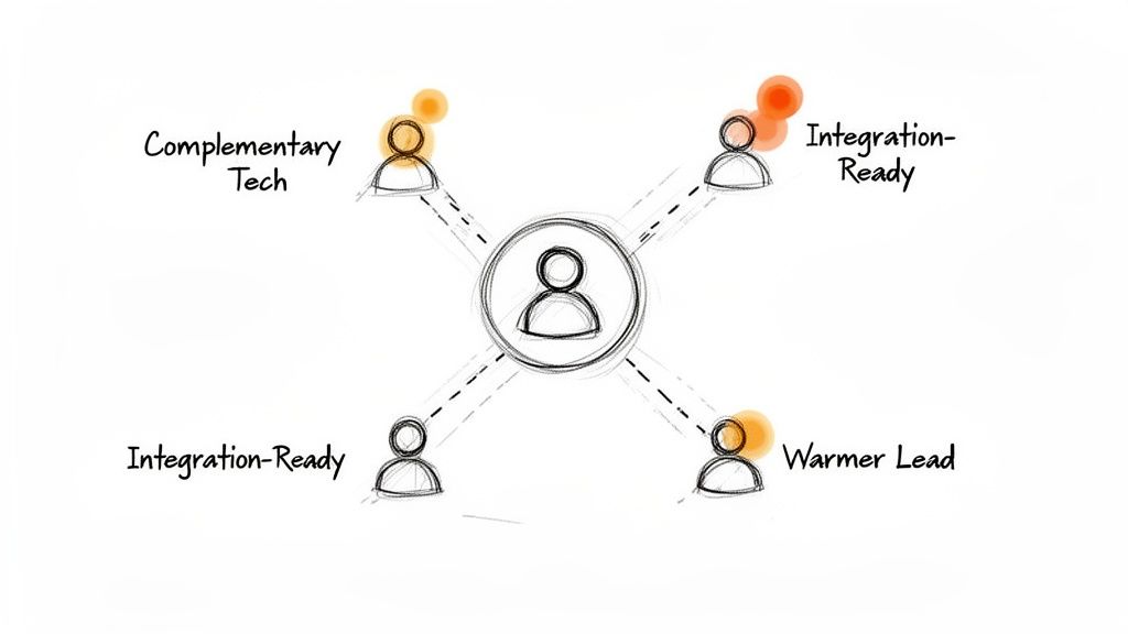A diagram illustrates a central person connected to four peripheral figures labeled Complementary Tech, Integration-Ready, and Warmer Lead.