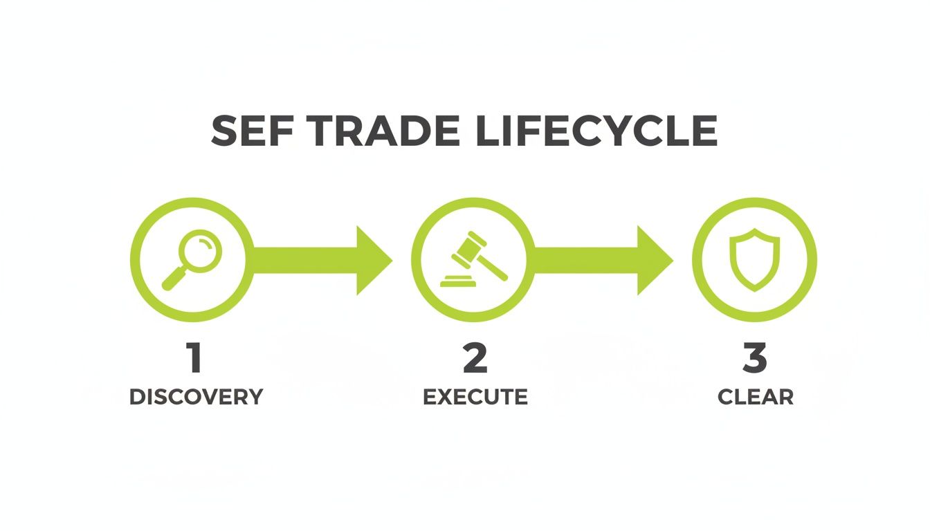 Diagram illustrating the three steps of the SEF trade lifecycle: discovery, execute, and clear.