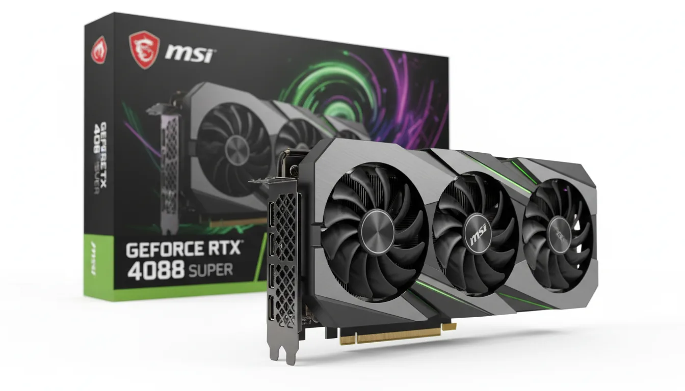 DSLR product photography of an MSI GeForce RTX 4080 SUPER graphics card positioned in front of its retail box, isolated on a clean white background. The triple-fan black GPU is in the foreground at a three-quarter angle, showing its metallic details and I/O bracket. The retail box behind it is black with vibrant green and purple abstract graphics. Soft studio lighting, sharp focus, hyper-detailed.