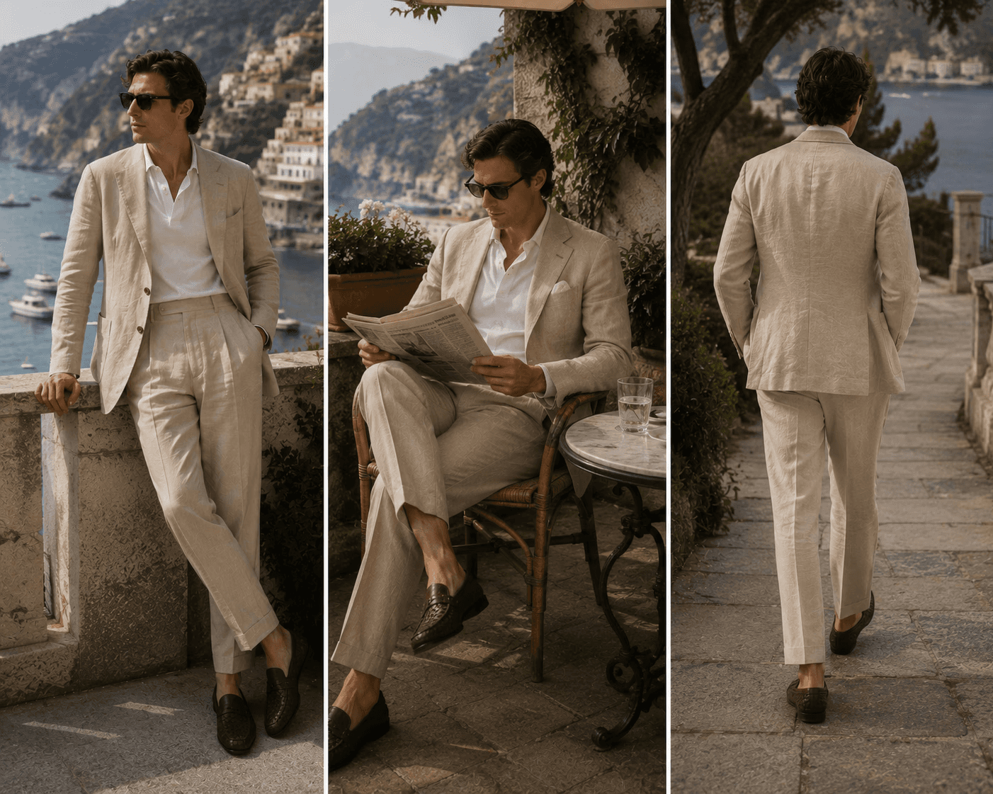 A three-panel full-body fashion lookbook featuring a male model in a tailored beige linen suit on the Amalfi Coast. He wears a two-button linen jacket over a white open-collar polo shirt, high-waisted pleated linen trousers, woven dark brown leather loafers, and dark sunglasses. The left panel shows him leaning against a stone wall overlooking Positano. The middle panel shows him seated at a terrace bistro table reading a newspaper. The right panel shows a back view as he walks along a stone walkway with the sea in the background.