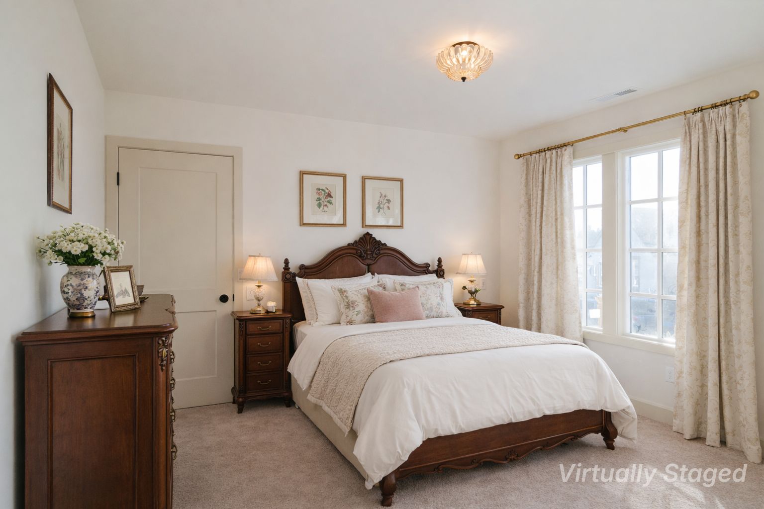 Virtually staged third bedroom with queen bed, dresser, and curtains.