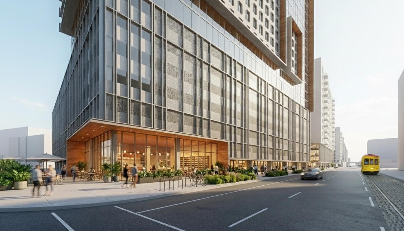 Street-level architectural rendering of the PMG Affordable mixed-use development proposed for North Downtown Tampa