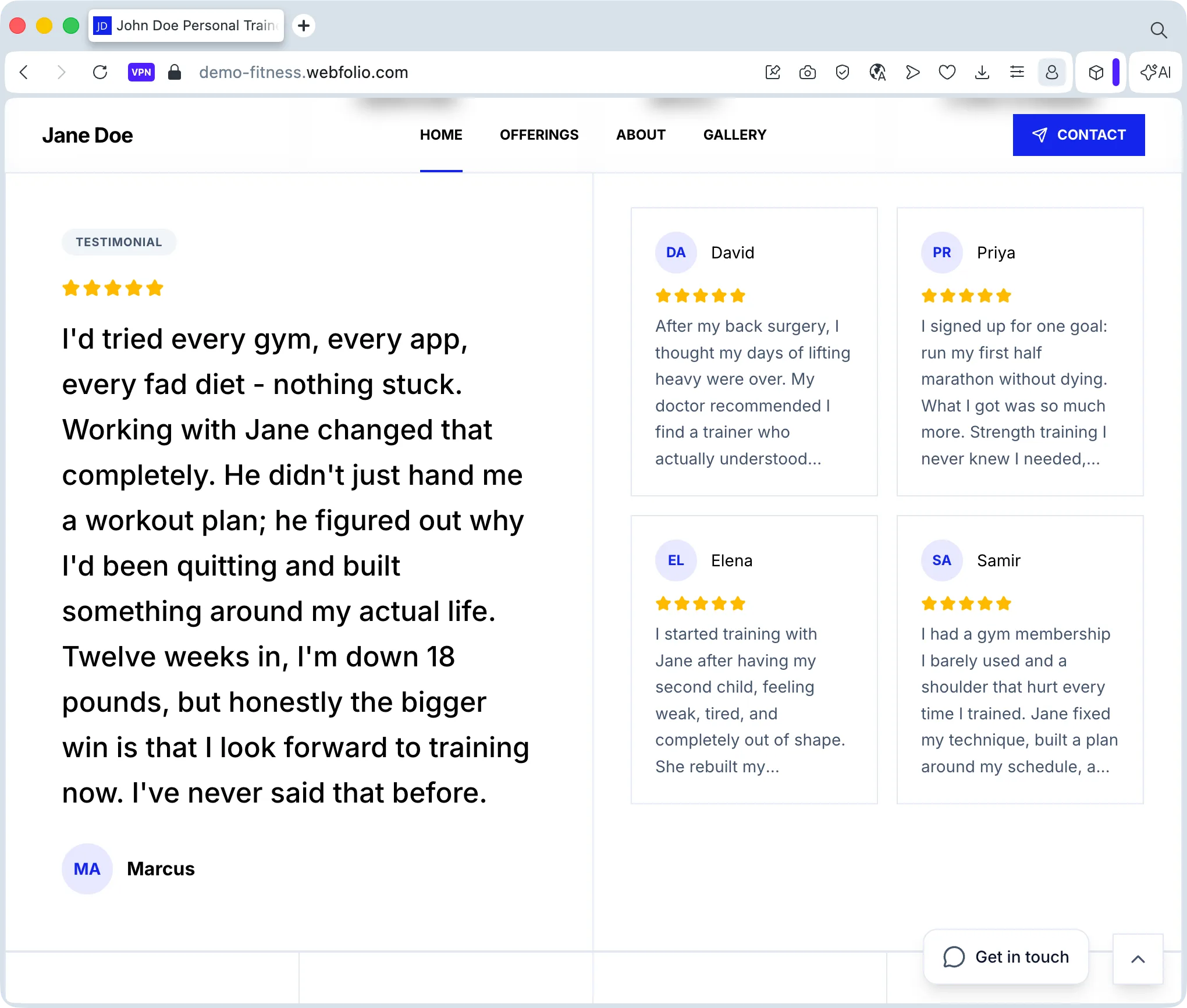 Personal trainer website showing client testimonials and star ratings