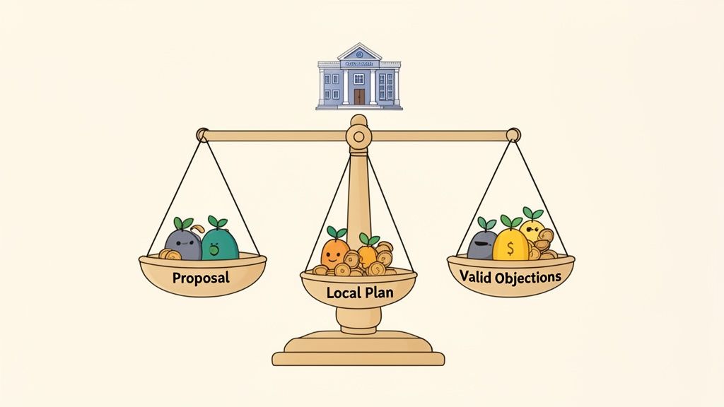 A legal scale balances a proposal, local plan, and valid objections under a government building.