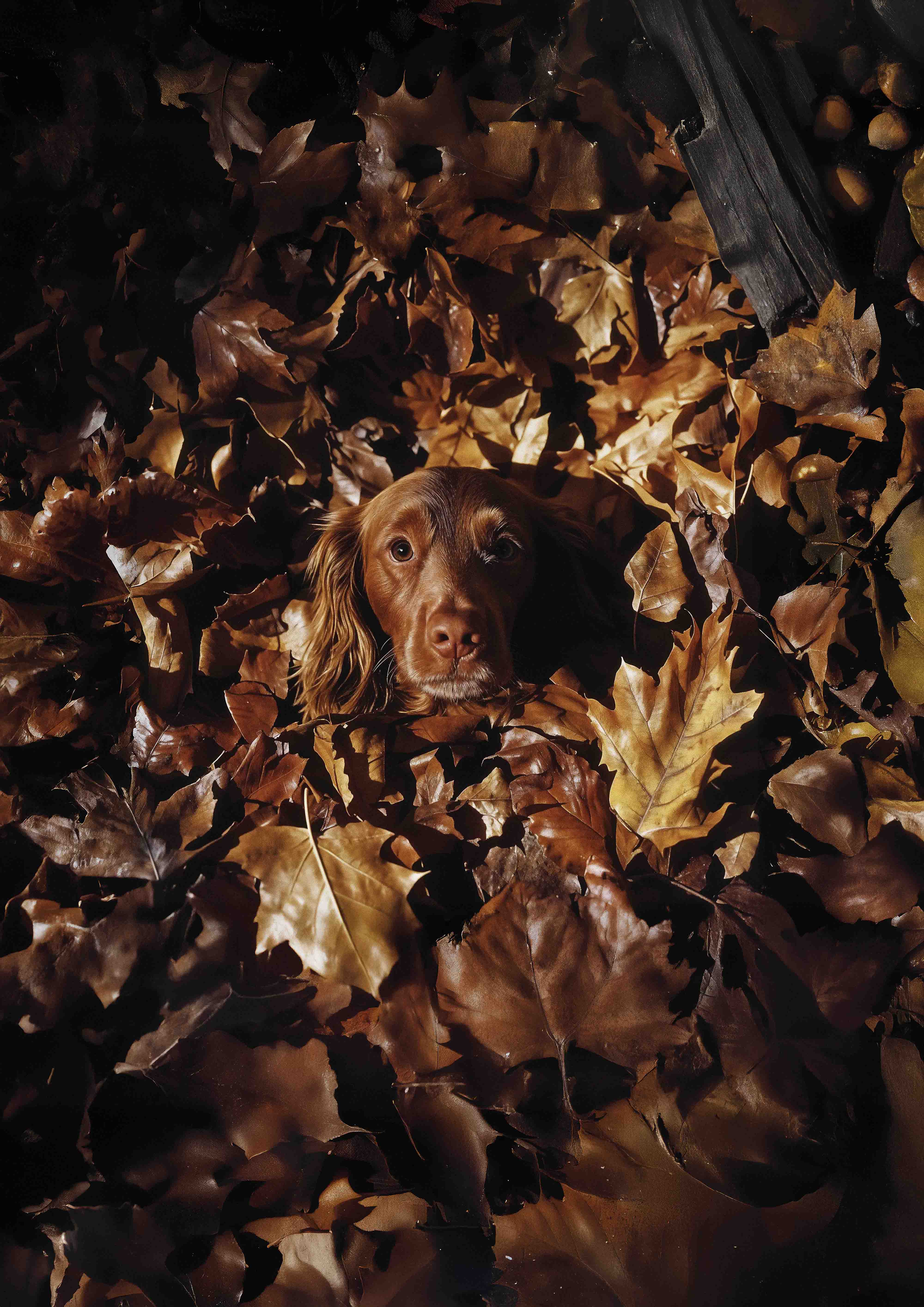 a dog camouflaged inside autum leaves