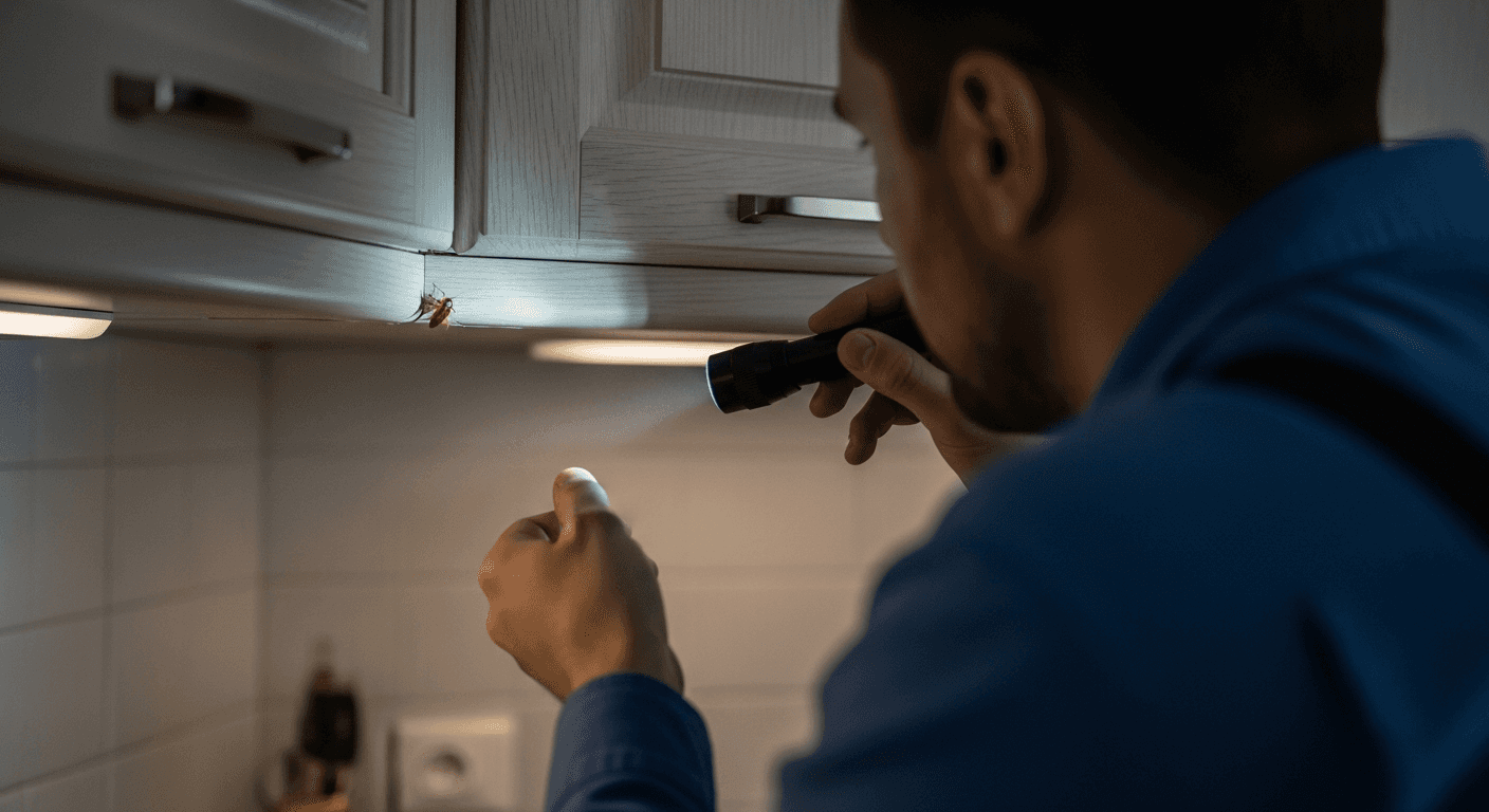 Technician in full protective gear performing insecticide spray treatment inside a facility