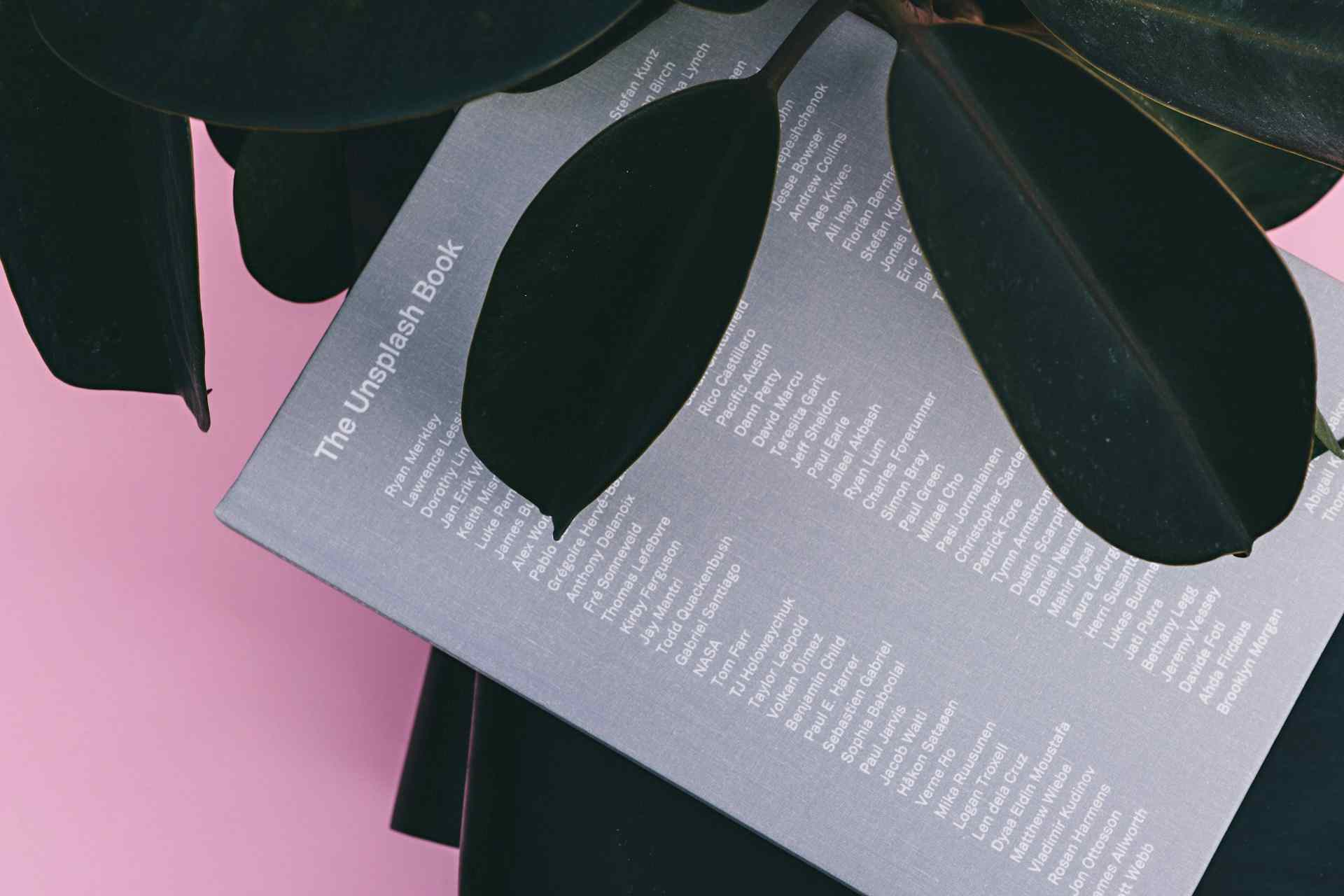 The Unsplash book photo surrounded by plants.