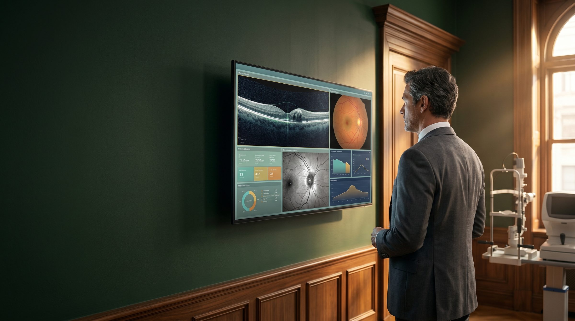 Ophthalmologist standing in a modern eye clinic beside diagnostic equipment.