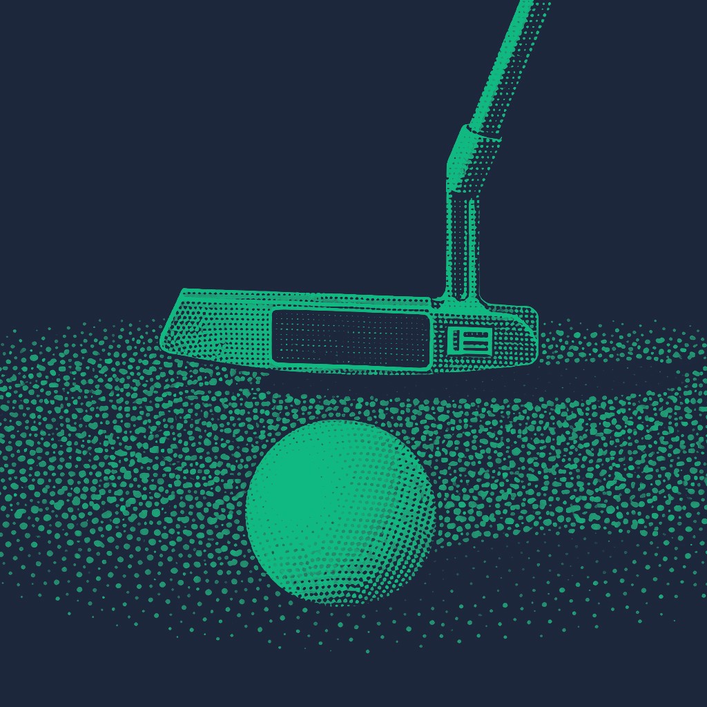A close-up teal graphic of a golf putter positioned directly behind a golf ball on a textured green, showing the moment before a stroke.