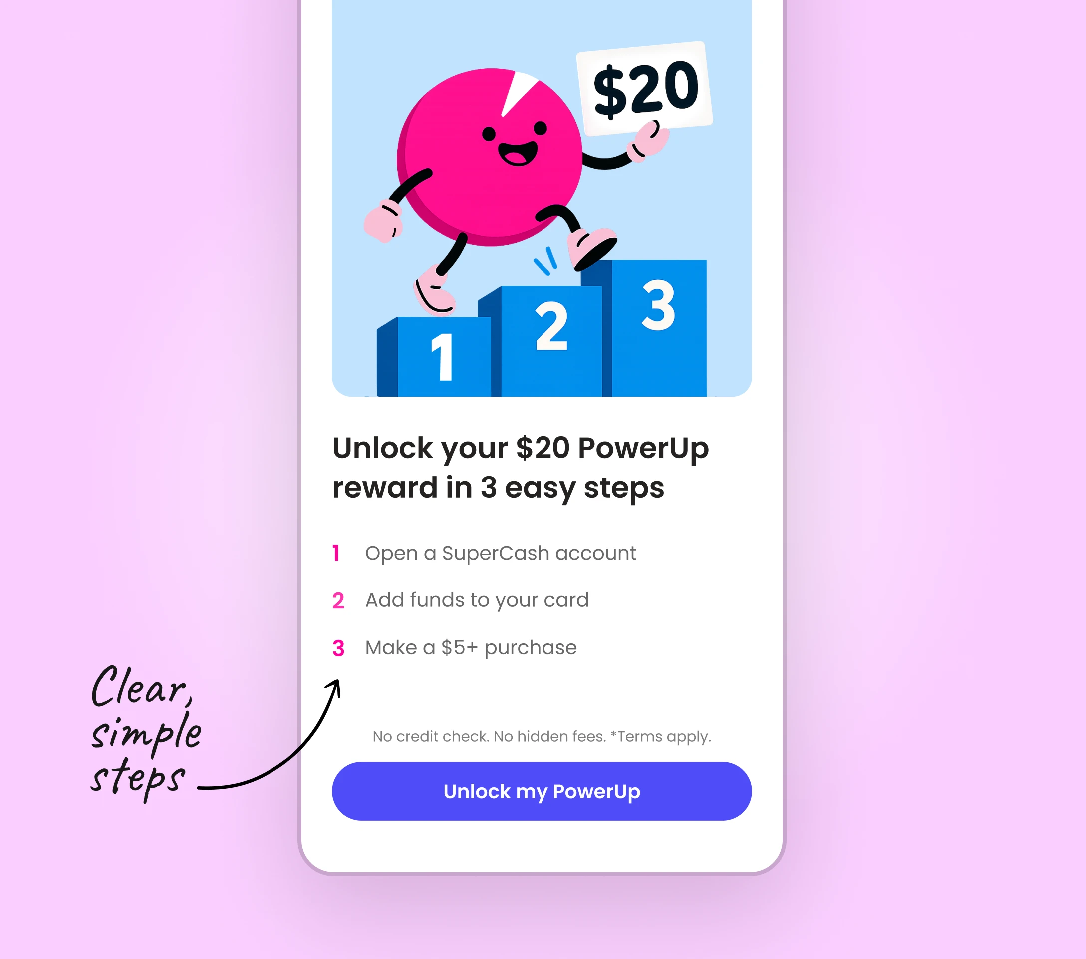 Mobile UI mockup showing Super.com’s PowerUp onboarding screen with a character illustration and 3 simple steps to unlock a $20 reward, used to test user understanding of reward clarity.”