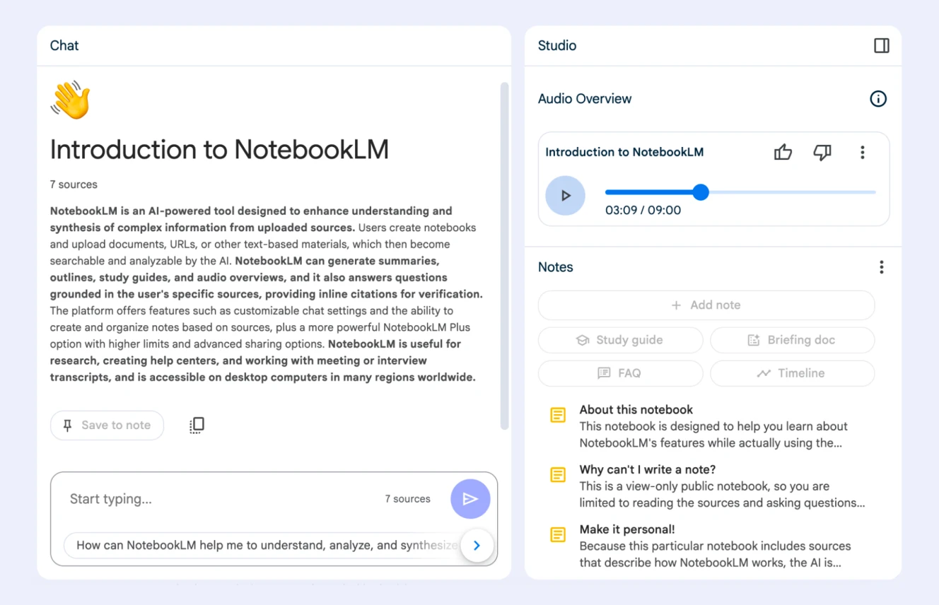 The interface displays a chat-based AI assistant that synthesizes uploaded documents into summaries, outlines, and study guides.