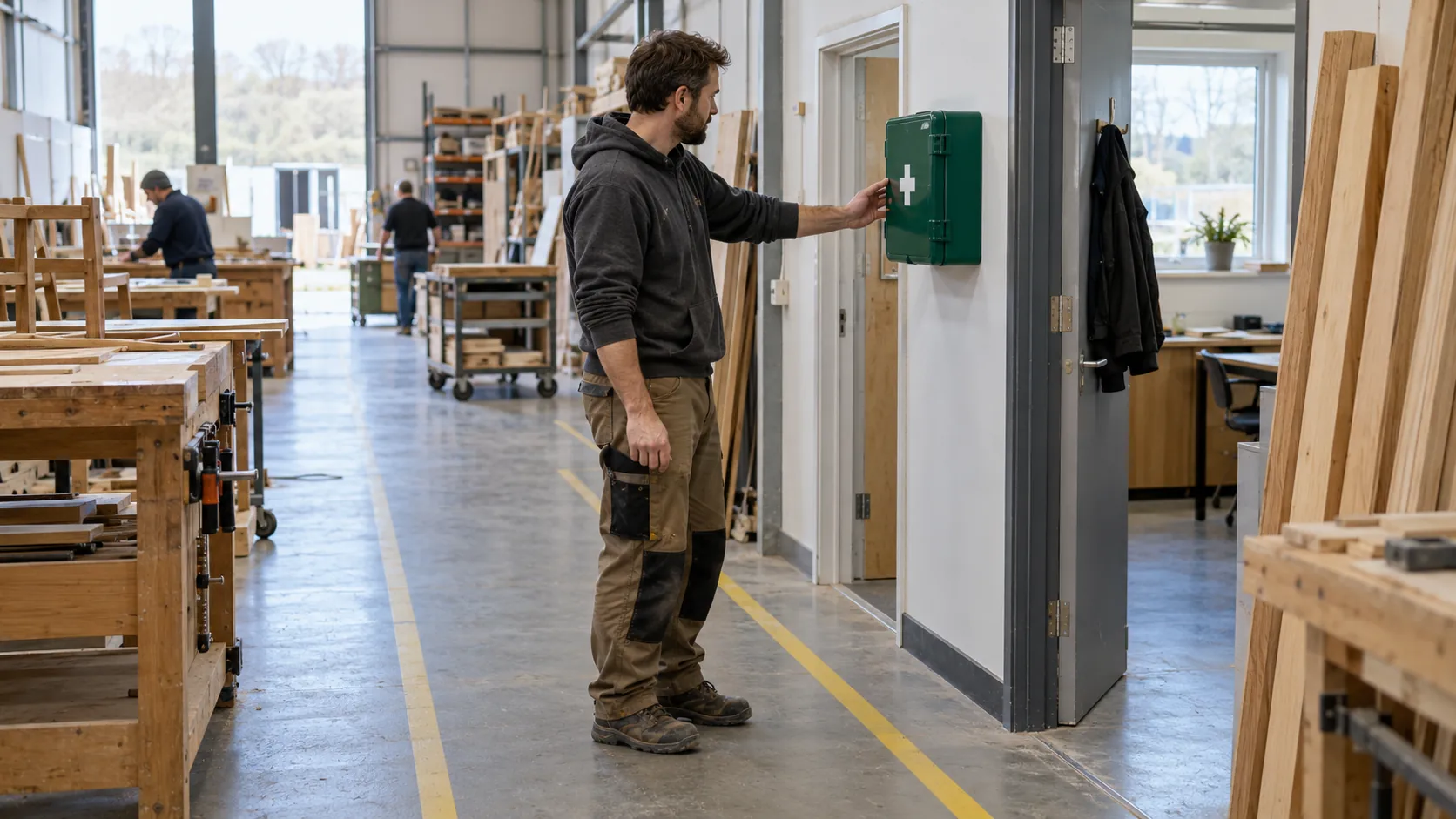 A worker checks a wall-mounted first-aid kit beside a clear walkway in a furniture workshop.