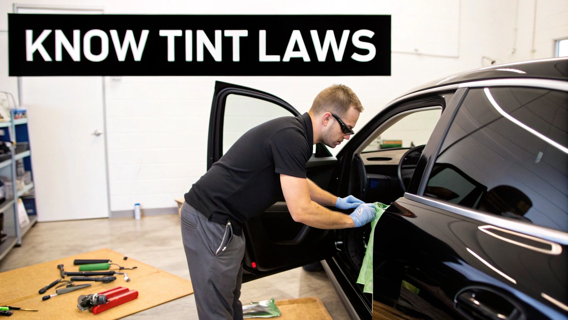 Man wearing gloves and sunglasses applying tint film to a black car window, with tools on the floor.