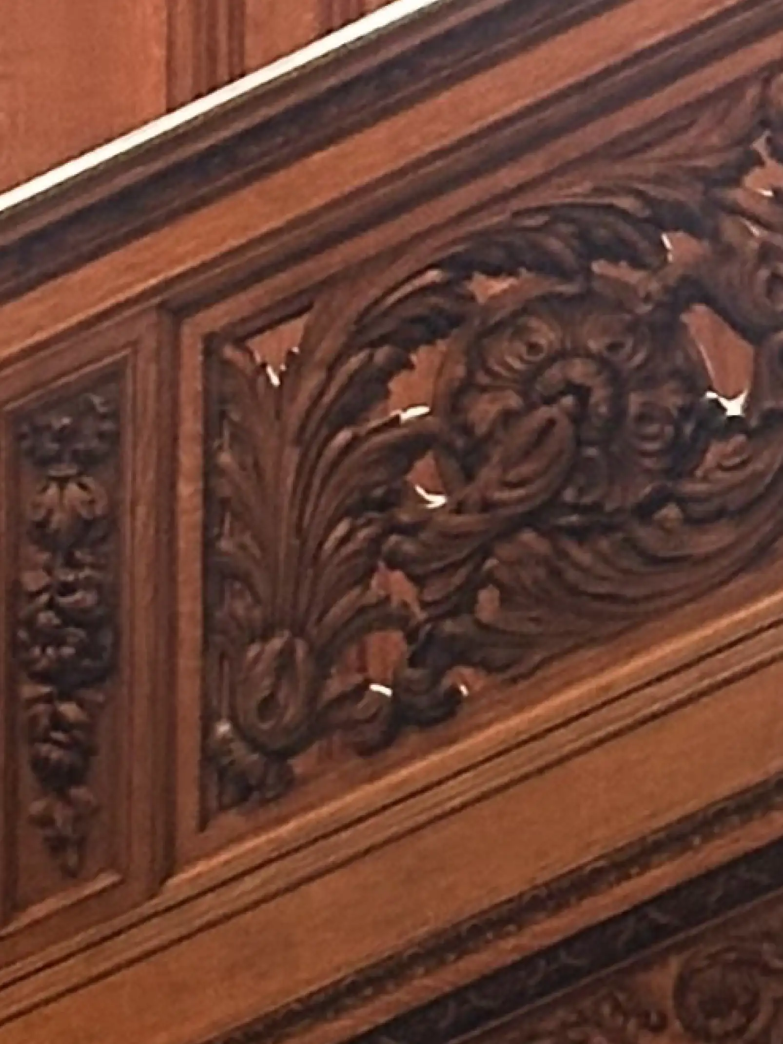 Detalle tallado en madera con motivos ornamentales de hojas y rostros estilizados, propio de una arquitectura clásica o barroca, que muestra la precisión artesanal del trabajo en relieve.