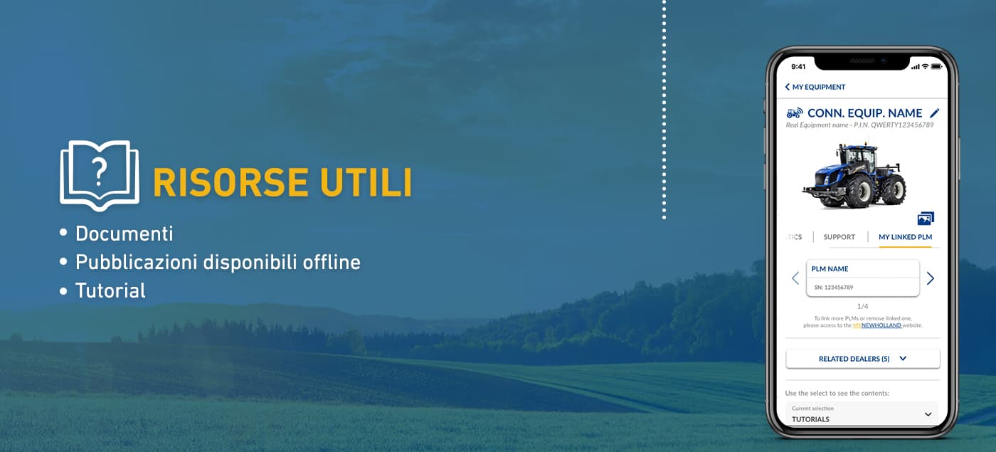 Schermata app risorse: manuali, pubblicazioni offline e tutorial collegati al macchinario con PLM—documentazione utile sempre disponibile anche senza rete.