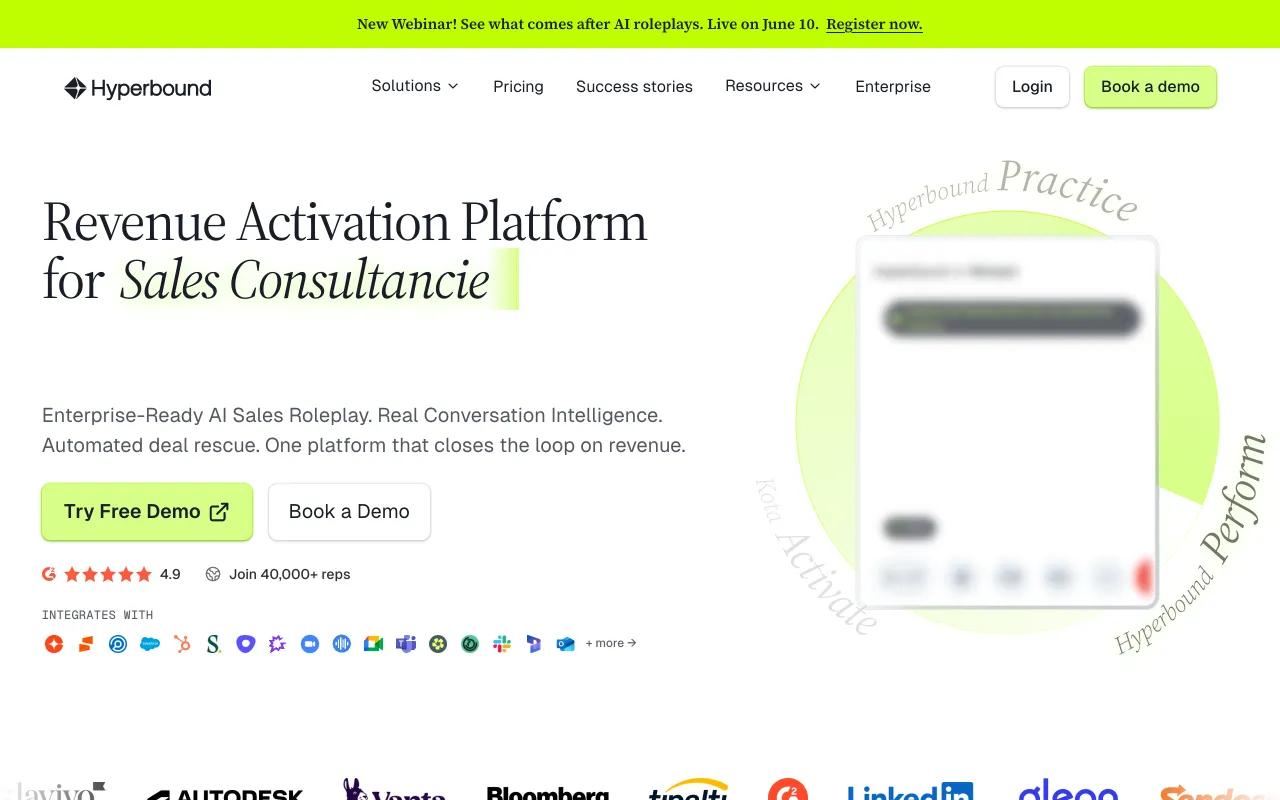 Hyperbound homepage, enterprise AI sales roleplay and revenue activation platform