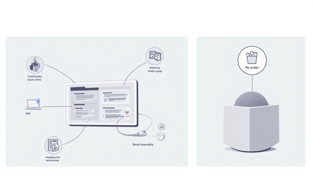 Two diagrams: one showing a data dashboard connected to various devices, another a smart speaker with a 're-order' function.