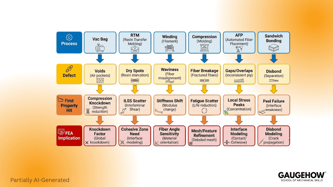 Composite manufacturing defects and property knockdowns chart