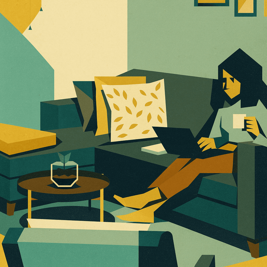 Donna che lavora da casa in modo rilassato, con laptop e smartphone sul divano, simbolo di equilibrio tra lavoro e vita personale.