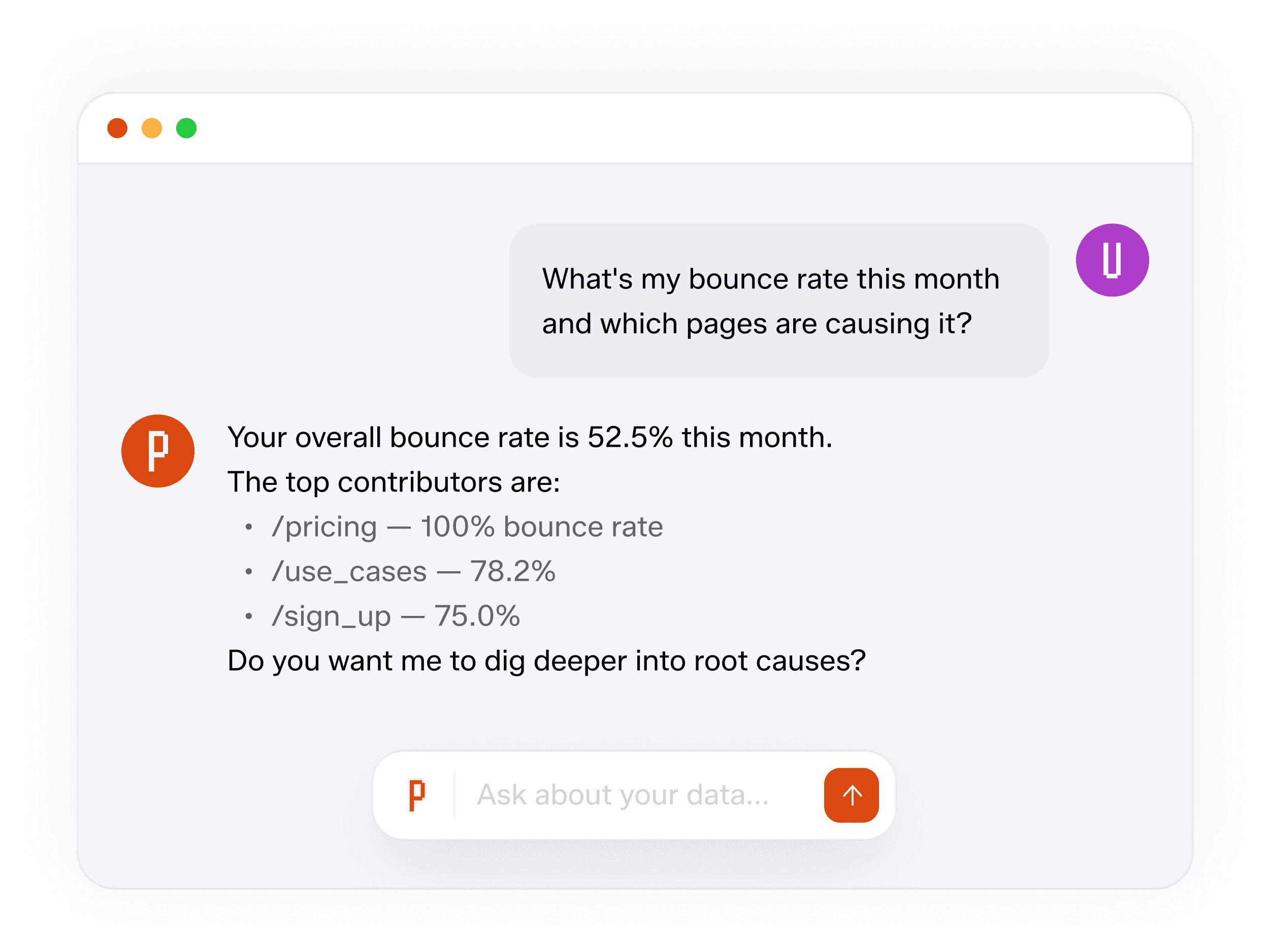 Poterna analytics dashboard showing privacy-friendly traffic data generated via chat.