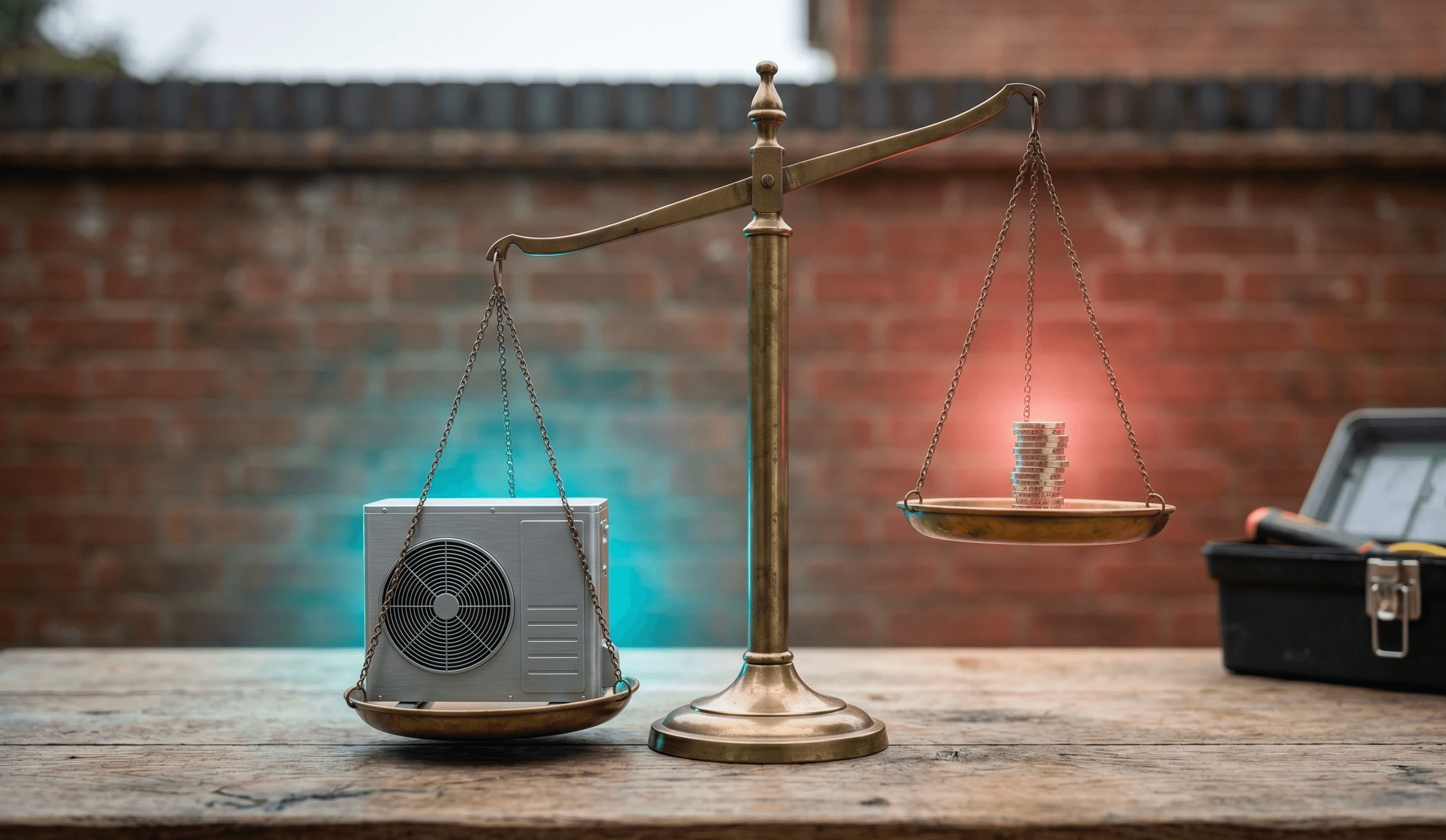 Brass balance scale showing a heat pump dramatically outweighing a stack of coins — represents how one recovered install pays for years of EXELVO cost.