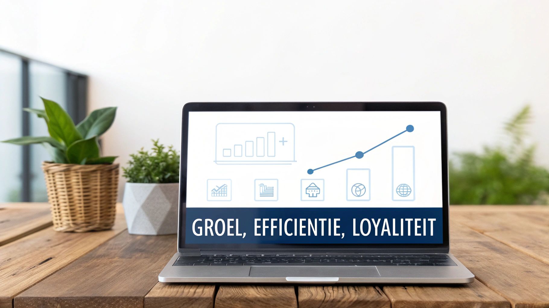 Een laptop op een bureau toont een grafiek die groei, efficiëntie en loyaliteit symboliseert.