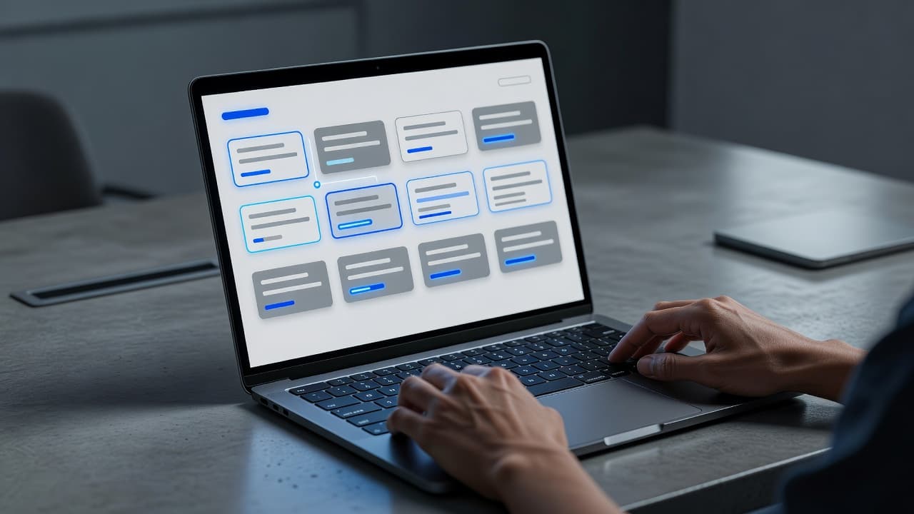 A pair of hands interacts with a laptop display featuring vibrant blue project cards and organized task lists. This sleek workspace utilizes soft ambient light to highlight efficient digital workflow processes.