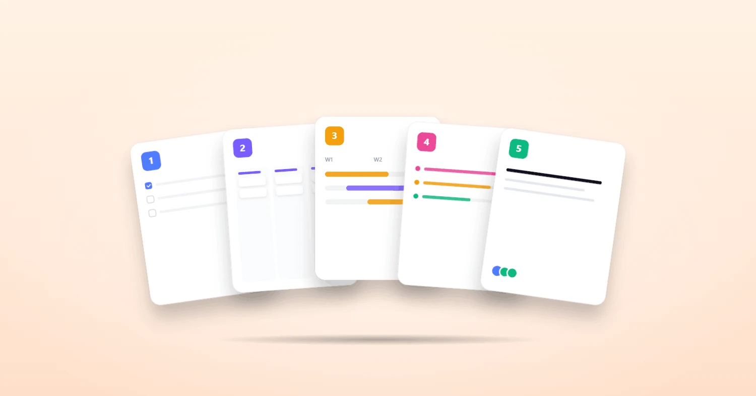 A set of four colorful cards, each featuring a unique icon, arranged in a visually appealing layout.
