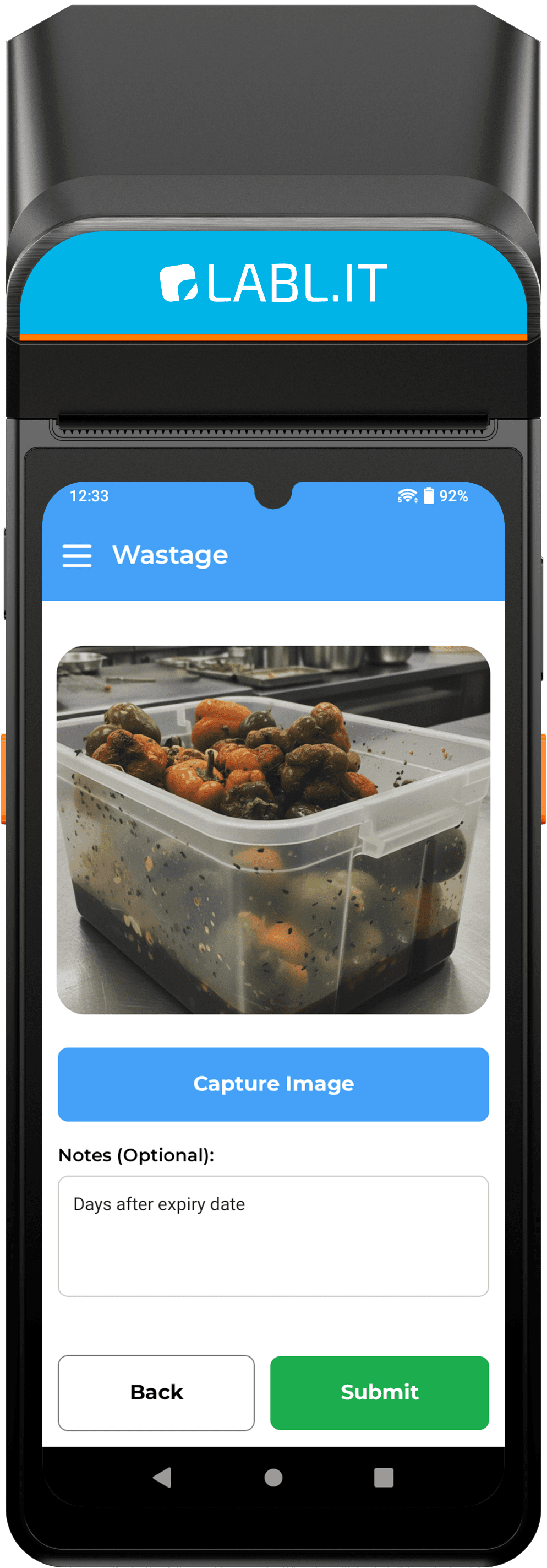 The user interface a Labl.it device when using waste tracking.