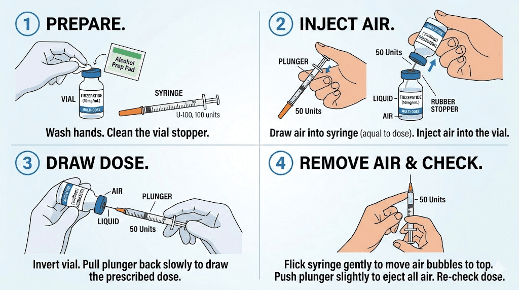 How to draw 2.5 mg tirzepatide from vial with insulin syringe step by step