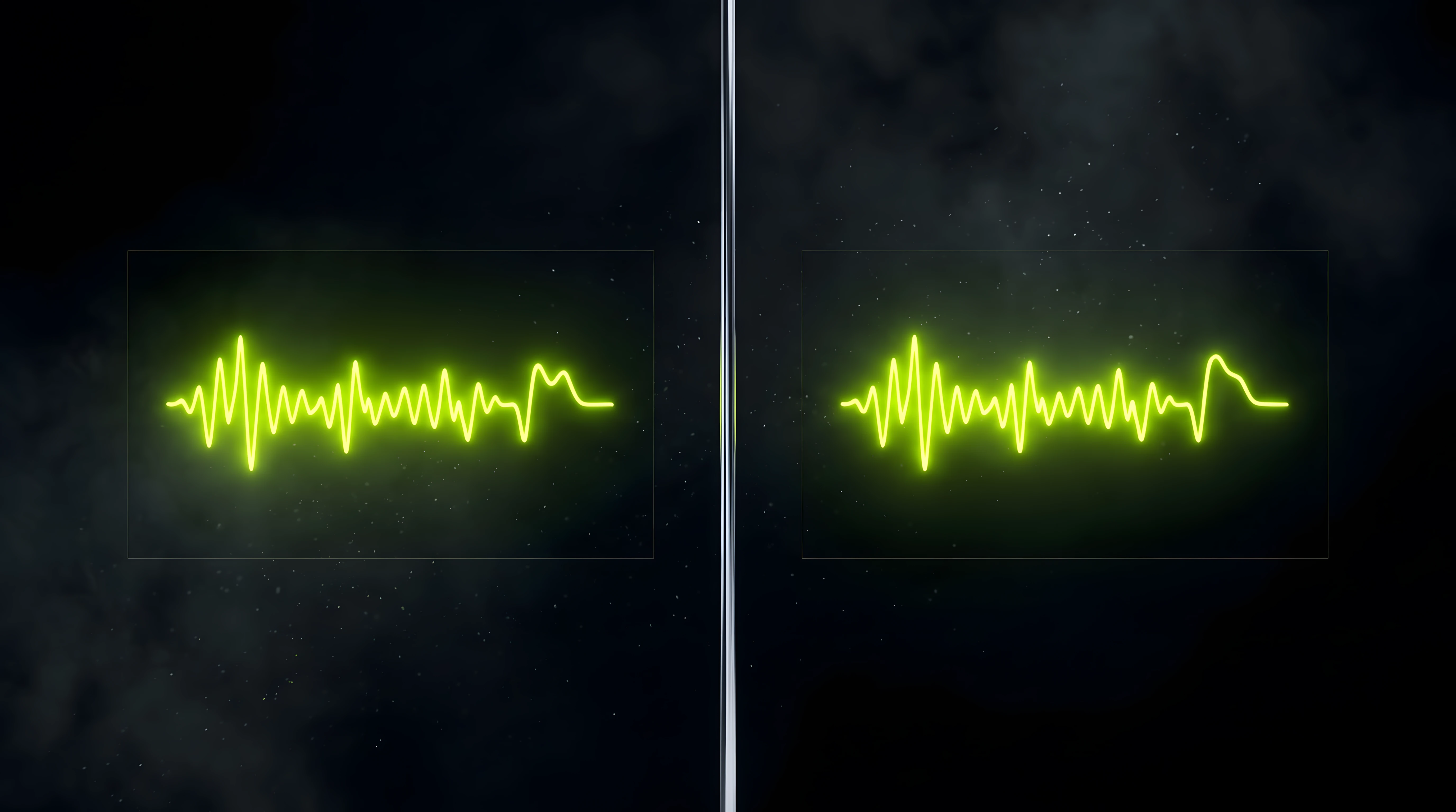 Two toxic lime waveform panels side by side on deep void black separated by a vertical liquid chrome divider, representing an A/B comparison between an approved version and a revision.