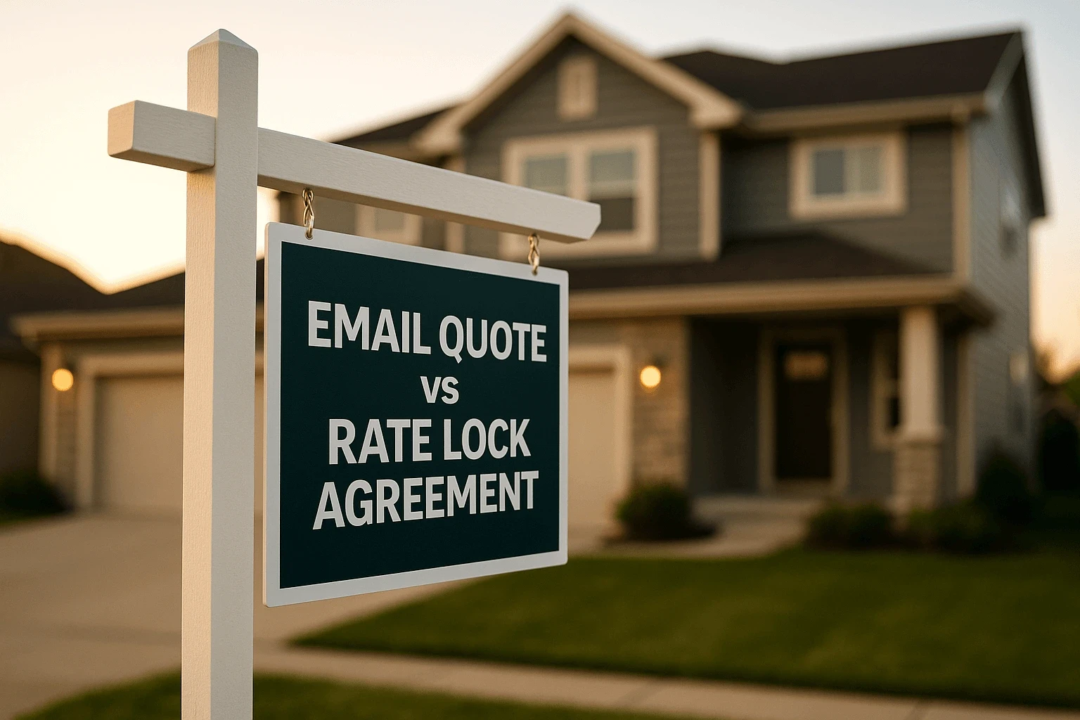 Real estate sign in front of a house displaying the words “Email Quote vs Rate Lock Agreement”.
